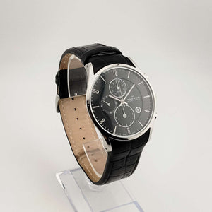 Skagen Men's Round Silver Tone Watch, Round Black Chronograph Dial, Date Window, Black Genuine Leather Strap