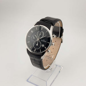 Skagen Men's Round Silver Tone Watch, Round Black Chronograph Dial, Date Window, Black Genuine Leather Strap