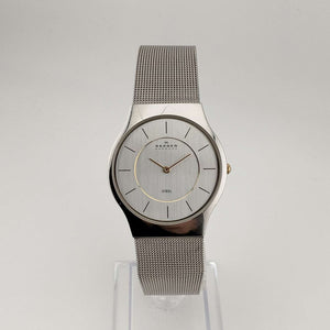 Skagen Unisex Silver Tone Watch, Gold Tone Details, Round Dial, Adjustable Mesh Strap