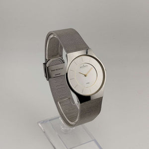 Skagen Unisex Silver Tone Watch, Gold Tone Details, Round Dial, Adjustable Mesh Strap