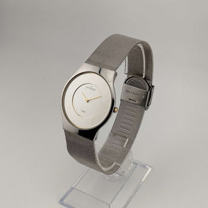 Skagen Unisex Silver Tone Watch, Gold Tone Details, Round Dial, Adjustable Mesh Strap