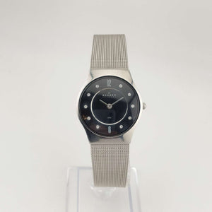 Skagen Unisex Silver Tone Watch, Round Black Dial, Jewel Details, Adjustable Mesh Strap