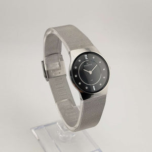 Skagen Unisex Silver Tone Watch, Round Black Dial, Jewel Details, Adjustable Mesh Strap