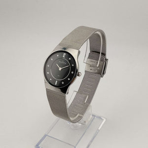 Skagen Unisex Silver Tone Watch, Round Black Dial, Jewel Details, Adjustable Mesh Strap