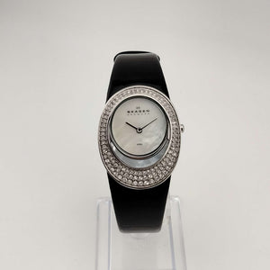 Skagen Women's Watch, Silver Tone and Jewel Details, Mother of Pearl Dial, Genuine Black Leather Strap