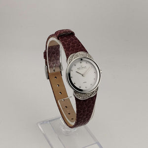 Skagen Women's Watch, Silver Tone and Jewel Details, White Dial, Genuine Purple Leather Strap (Copy)