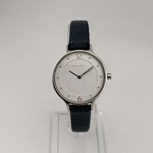 Skagen Unisex Silver Tone Watch, Round White Dial, Jewel Details, Genuine Blue Leather Strap