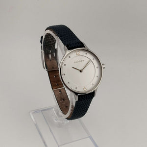 Skagen Unisex Silver Tone Watch, Round White Dial, Jewel Details, Genuine Blue Leather Strap