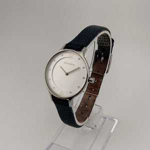 Skagen Unisex Silver Tone Watch, Round White Dial, Jewel Details, Genuine Blue Leather Strap