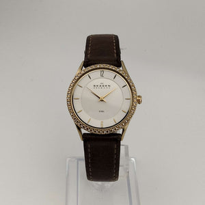 Skagen Women's Watch, White Dial, Gold Tone Details, Genuine Brown Leather Strap