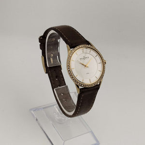 Skagen Women's Watch, White Dial, Gold Tone Details, Genuine Brown Leather Strap