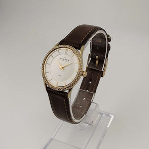 Skagen Women's Watch, White Dial, Gold Tone Details, Genuine Brown Leather Strap