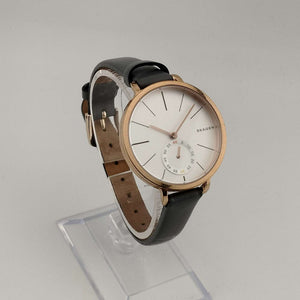 Skagen Unisex Copper Tone Watch, Round White Chronograph, Genuine Grey Leather Strap