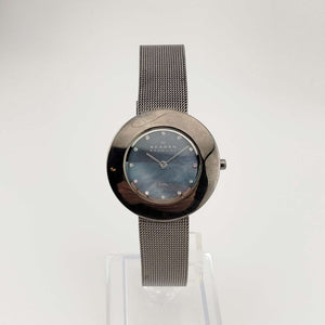 Skagen Unisex Watch, Silver Tone and Jewel Details, Circular Mother of Pearl Dial, Adjustable Mesh Strap