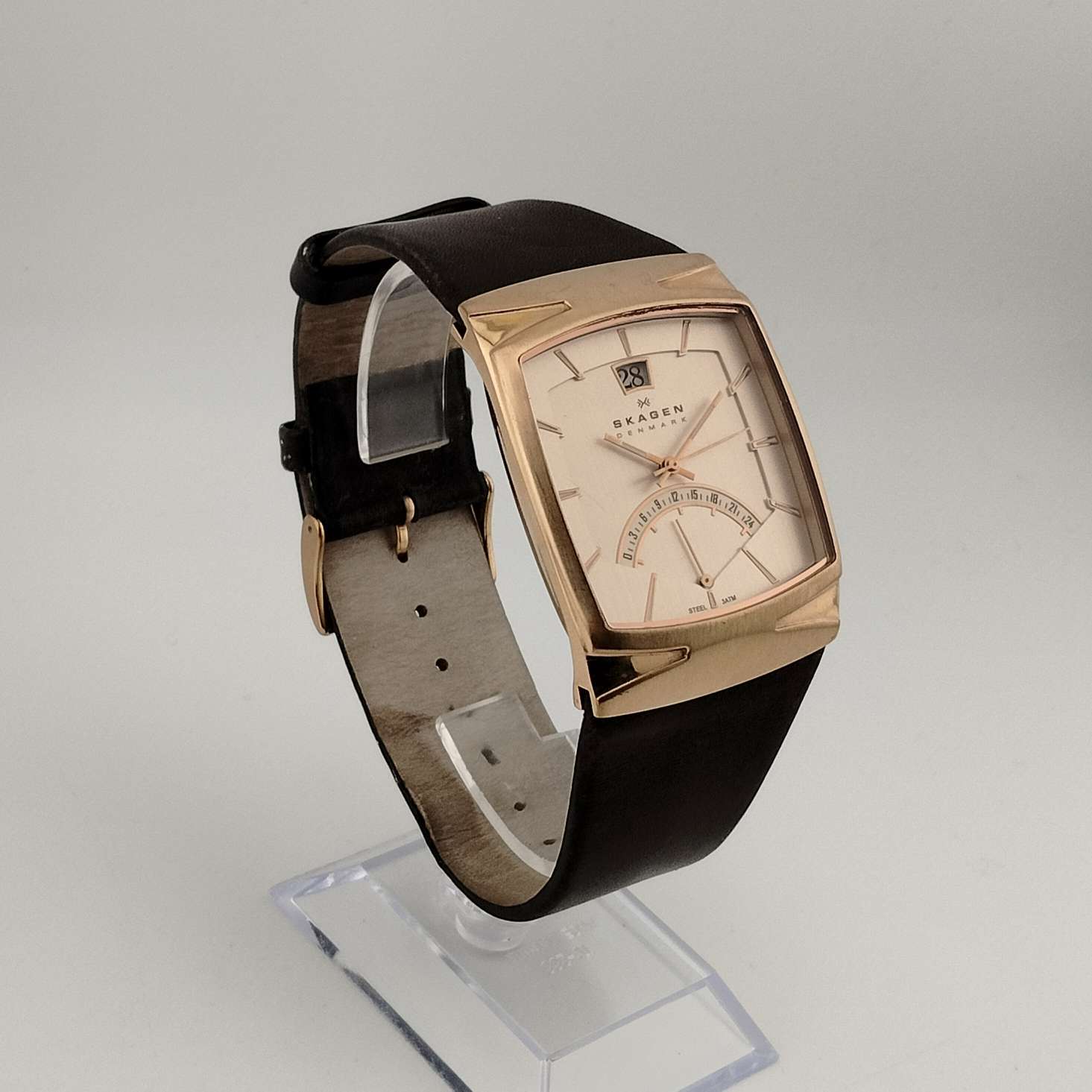 Skagen Men's Gold Tone Watch, Rectangular Dial, 24 Hour Indicator, Date Window, Genuine Brown Leather Strap