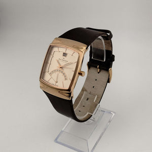 Skagen Men's Gold Tone Watch, Rectangular Dial, 24 Hour Indicator, Date Window, Genuine Brown Leather Strap