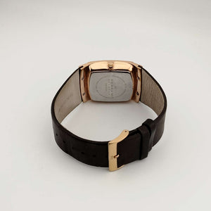 Skagen Men's Gold Tone Watch, Rectangular Dial, 24 Hour Indicator, Date Window, Genuine Brown Leather Strap