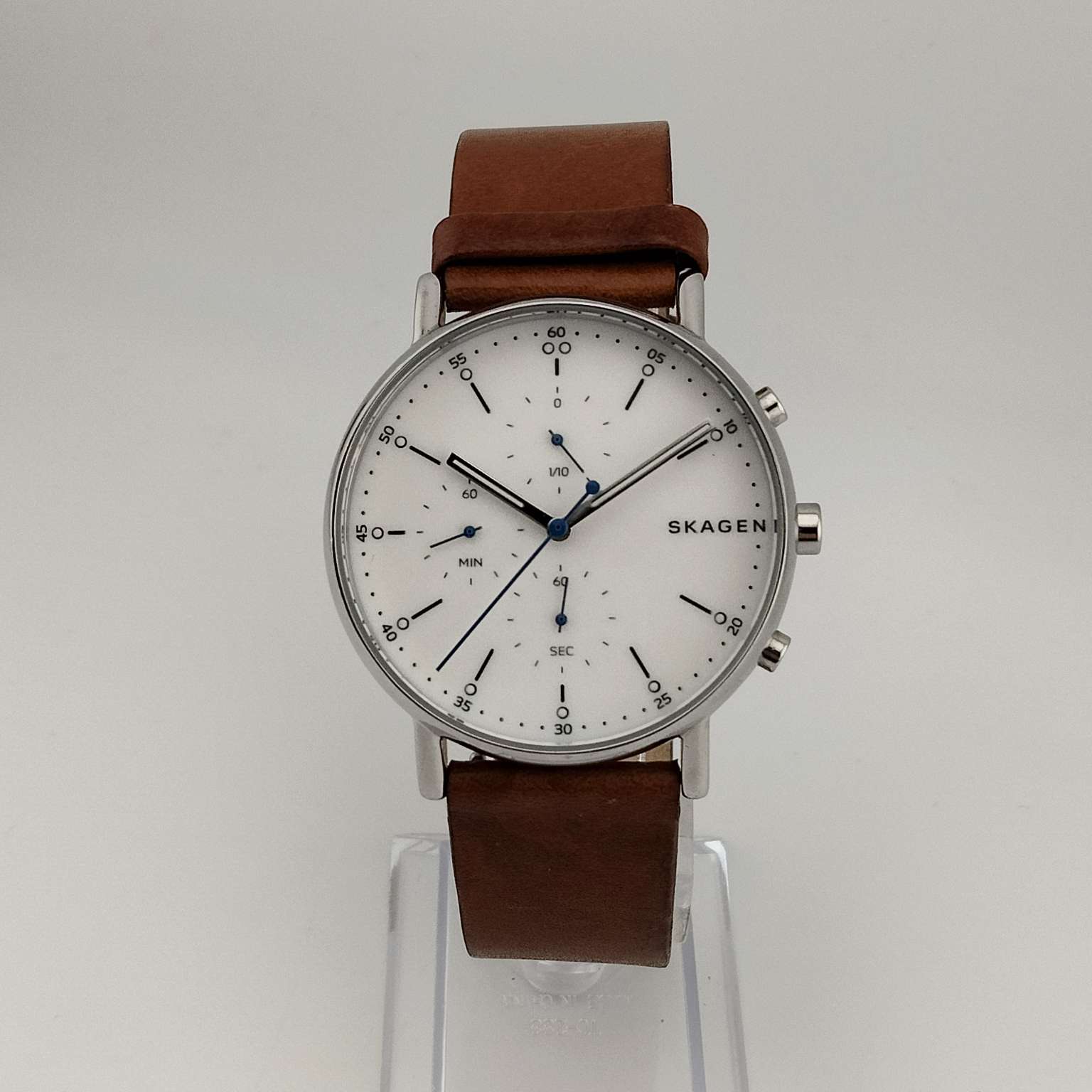 Skagen Men's Silver Tone Watch, Round White Chronograph Dial, Genuine Brown Leather Strap