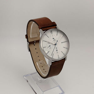 Skagen Men's Silver Tone Watch, Round White Chronograph Dial, Genuine Brown Leather Strap