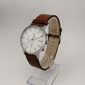 Skagen Men's Silver Tone Watch, Round White Chronograph Dial, Genuine Brown Leather Strap