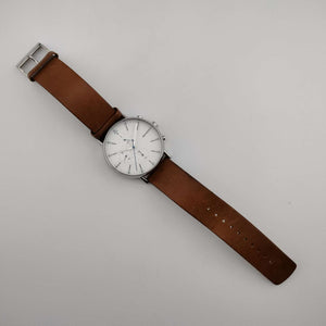 Skagen Men's Silver Tone Watch, Round White Chronograph Dial, Genuine Brown Leather Strap