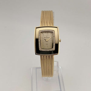 Skagen Women's Gold Tone Watch, Rectangular Dial, Jeweled Bezel Detail, Adjustable Mesh Strap