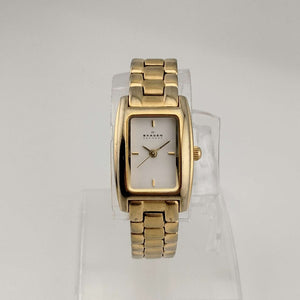 Skagen Women's Gold Tone Watch, White Rectangular Dial, Bracelet Strap