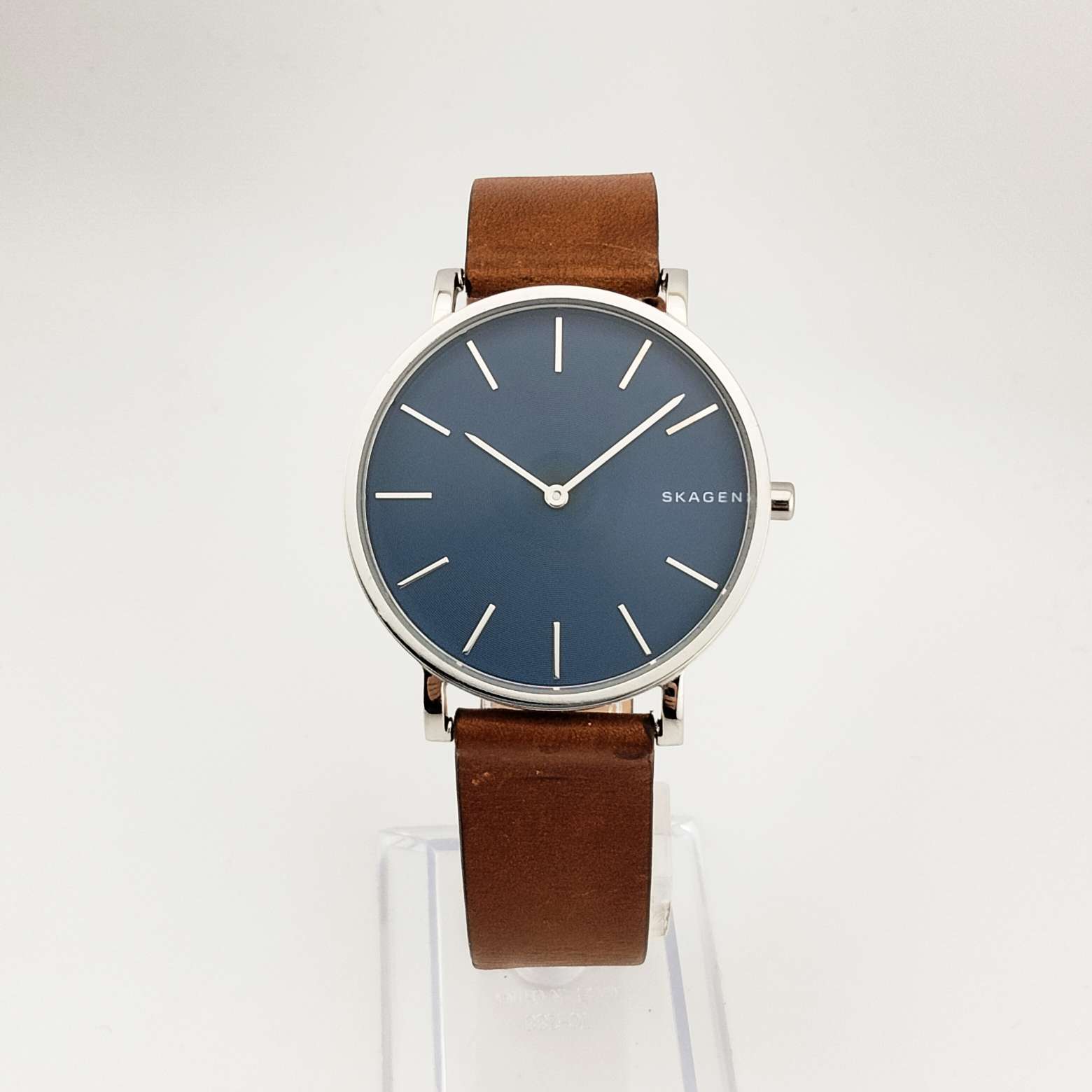 Skagen Men's Silver Tone Watch, Round Blue Dial, Genuine Brown Leather Strap