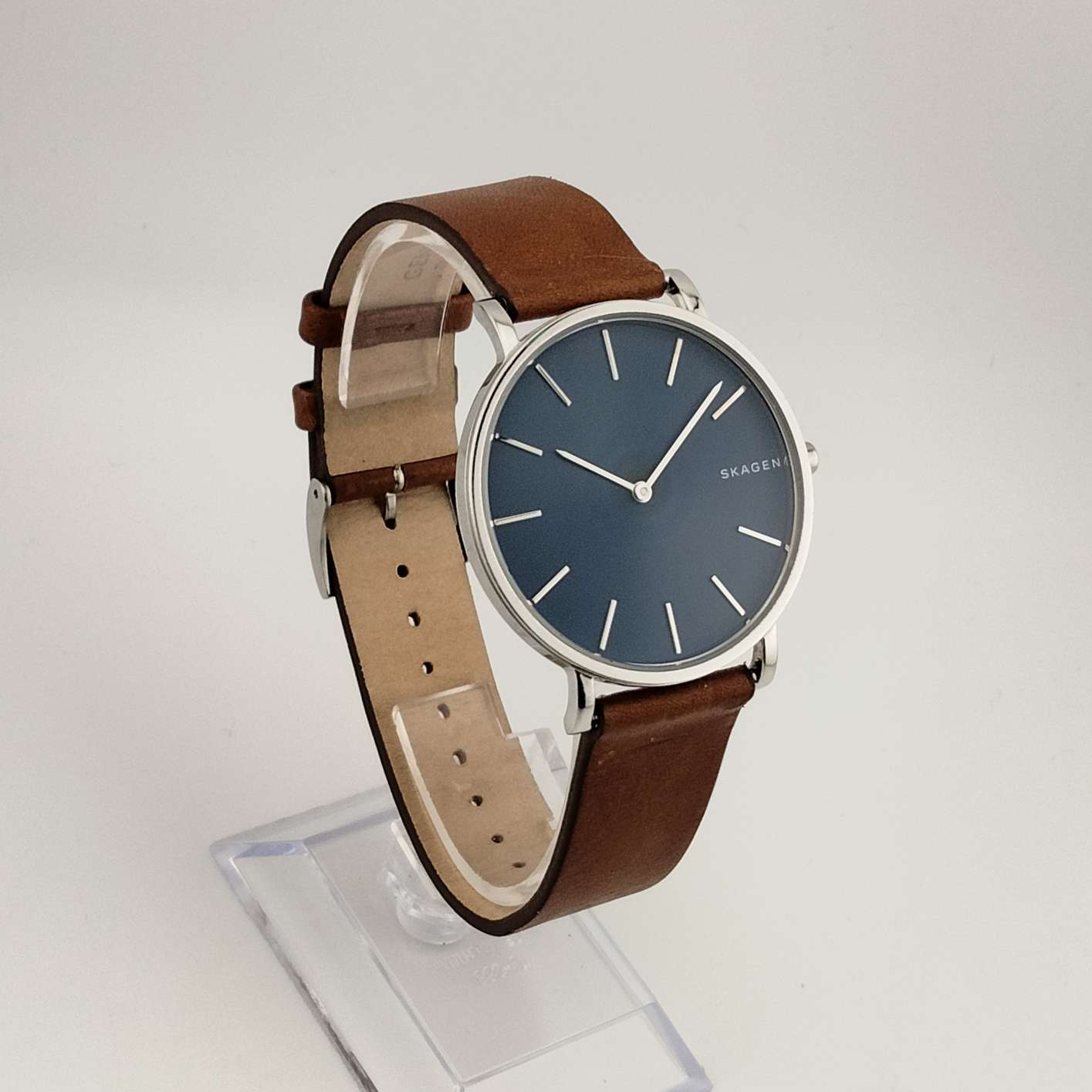 Skagen Men's Silver Tone Watch, Round Blue Dial, Genuine Brown Leather Strap