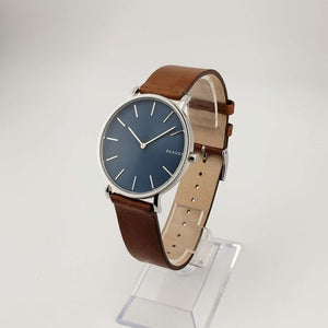 Skagen Men's Silver Tone Watch, Round Blue Dial, Genuine Brown Leather Strap