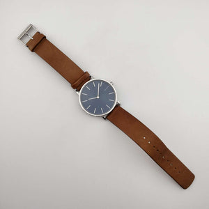 Skagen Men's Silver Tone Watch, Round Blue Dial, Genuine Brown Leather Strap