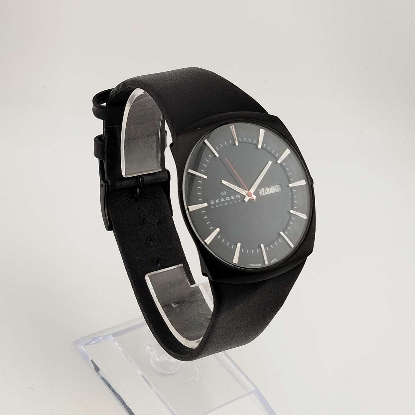 Skagen Men's Black Watch, Round Dial, Date and Day Window, Genuine Leather Strap