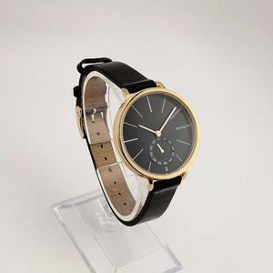 Skagen Unisex Gold Tone Watch, Round Black Chronograph Dial, Genuine Black Leather Strap