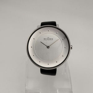 Skagen Unisex Silver Tone Watch, Round Minimal Dial, Genuine Black Leather Strap