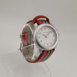 Skagen Women's Silver Tone Watch, Round White Dial, Rainbow Rubber Strap