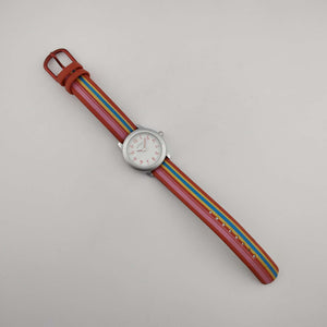 Skagen Women's Silver Tone Watch, Round White Dial, Rainbow Rubber Strap