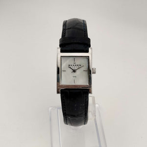 Skagen Unisex Silver Tone Watch, Square Mother of Pearl Dial, Genuine Black Leather Strap