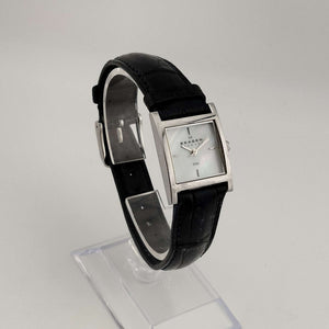 Skagen Unisex Silver Tone Watch, Square Mother of Pearl Dial, Genuine Black Leather Strap