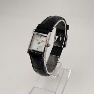 Skagen Unisex Silver Tone Watch, Square Mother of Pearl Dial, Genuine Black Leather Strap