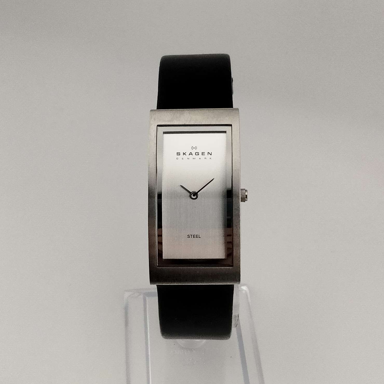 Skagen Men's Silver Tone Watch, Rectangular Minimal Dial, Genuine Black Leather Strap