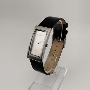 Skagen Men's Silver Tone Watch, Rectangular Minimal Dial, Genuine Black Leather Strap