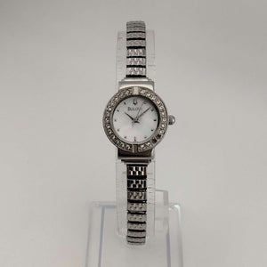 Bulova Women's Silver Tone Watch, Circular Mother of Pearl Dial, Jeweled Bezel, Stretch Strap