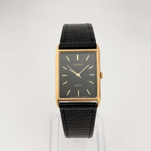 Pulsar Quartz Unisex Gold Tone Watch, Black Rectangular Dial, Genuine Black Leather Strap