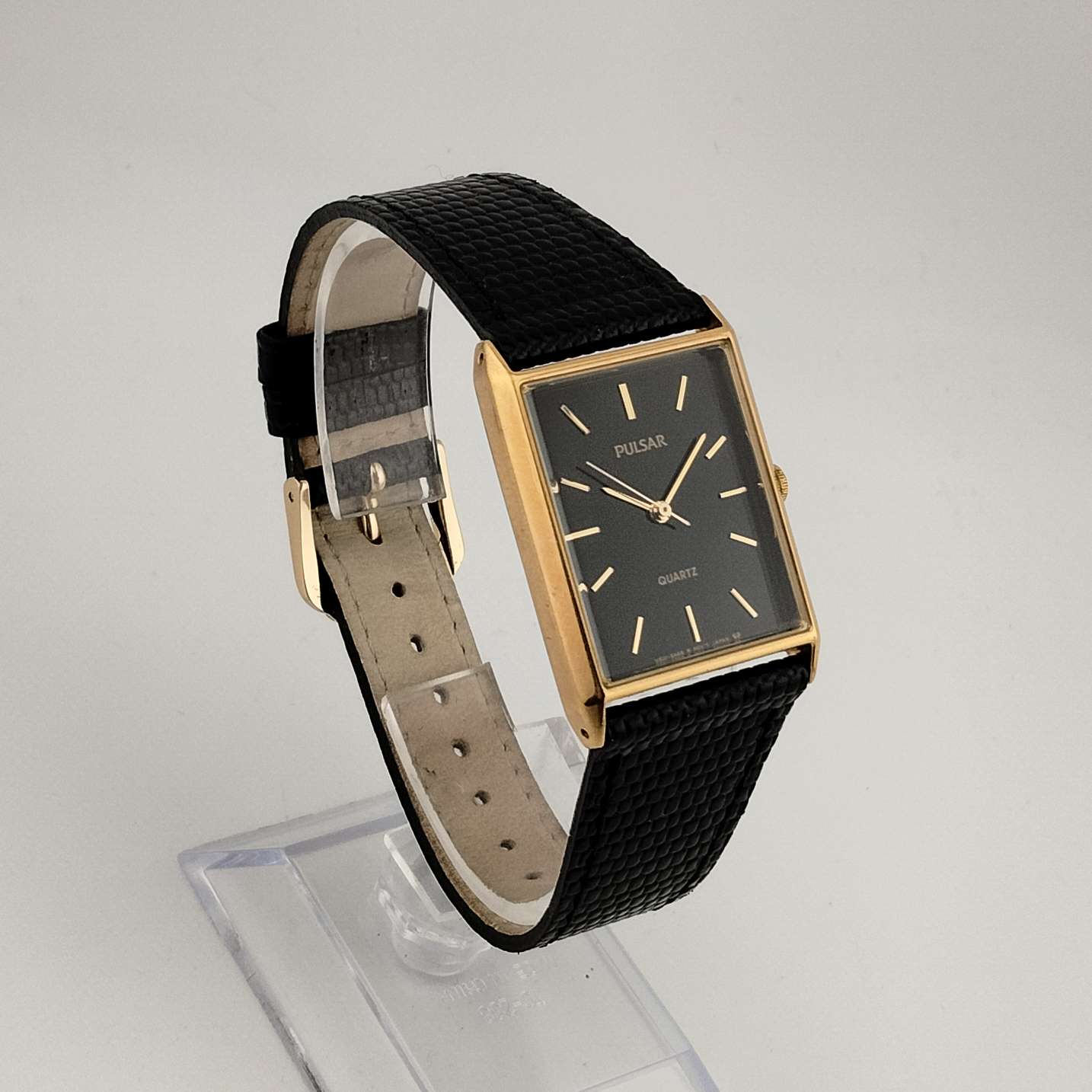 Pulsar Quartz Unisex Gold Tone Watch, Black Rectangular Dial, Genuine Black Leather Strap