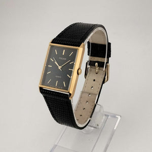 Pulsar Quartz Unisex Gold Tone Watch, Black Rectangular Dial, Genuine Black Leather Strap