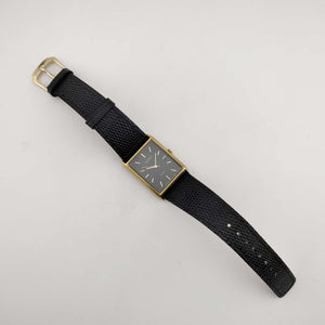 Pulsar Quartz Unisex Gold Tone Watch, Black Rectangular Dial, Genuine Black Leather Strap