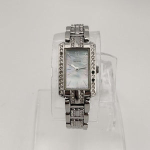 Citizen Women's Silver Tone Eco-Drive Watch, Mother of Pearl Rectangular Dial, Jeweled Link Strap