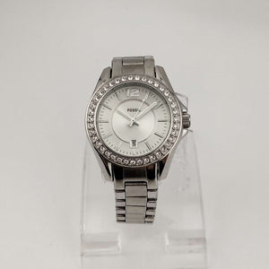 Fossil Women's Silver Tone Watch, Round Dial, Jewel Detail, Date Window, Bracelet Strap