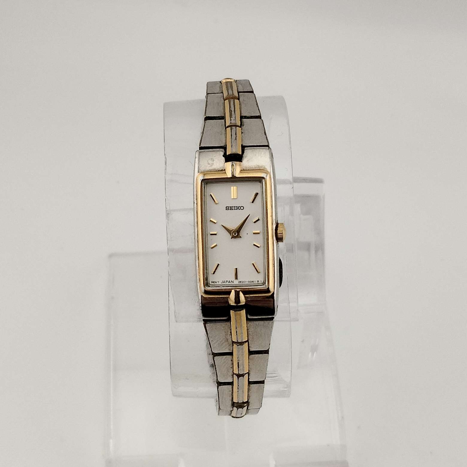 Seiko Petite Mixed Metal Watch, White Elongated Rectangular Dial, Bracelet Strap