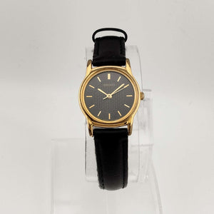 Seiko Unisex Gold Tone Watch, Black Circular Dial, Black Genuine Leather Strap